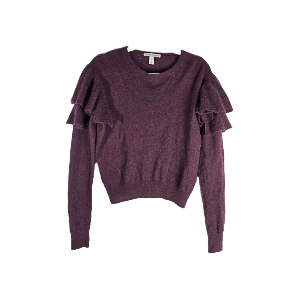 Autumn Cashmere Womens S 100% Pure Cashmere Sweater Burgundy Ruffle Shoulder